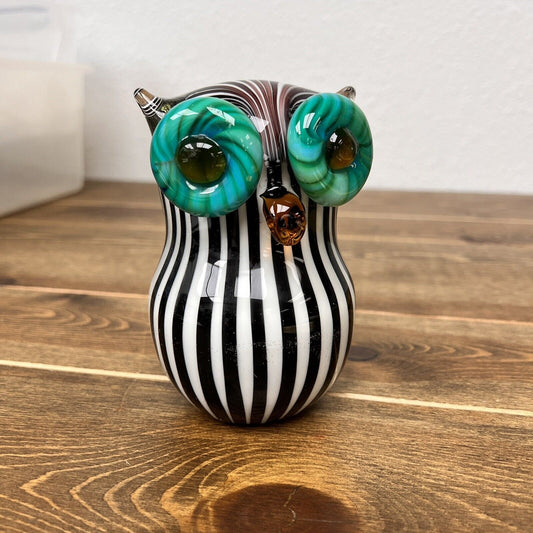 Vintage Murano Style Glass Black & White Striped Owl w/Lrg Blue Eyes Paperweight