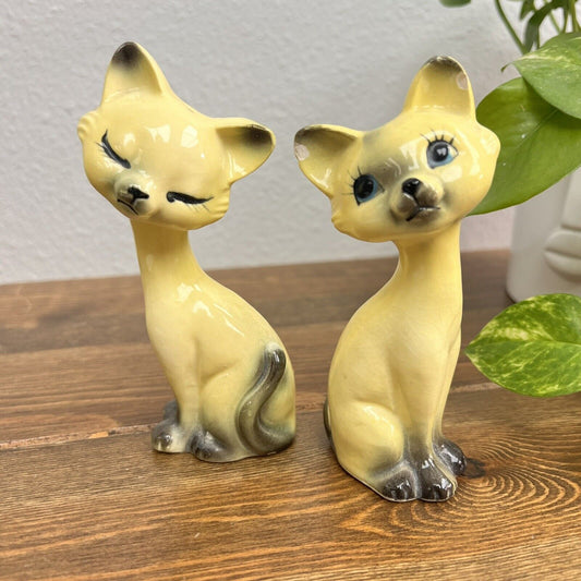 Vintage Yellow Siamese Cat Salt and Pepper Shakers Porcelain