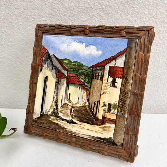 Vintage Hand Painted Tile Framed Art Mexico Street Town Signed M. Cardenas