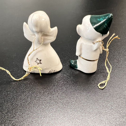 Holt Howard Porcelain Mini Winking Pixie Elf & Angel Stars Ornaments Set Of 2