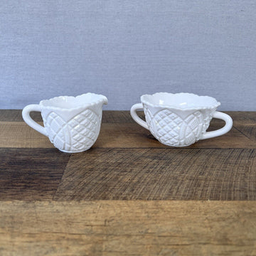 Vintage Pressed White Milk Glass Sugar Bowl & Creamer Sawtooth Rim