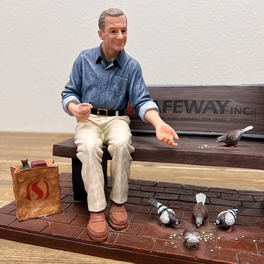 Vintage SAFEWAY Inc Grocery Stores Man On Bench Feeding Birds Sculpture 13”x10”