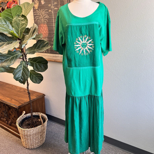 Johnny Was Maxi Dress Green Gold Sun Astronomy Zodiac Large