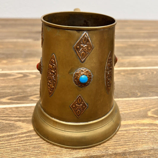 Vintage Brass Medieval Jeweled Stein Mug 4.5" Tall