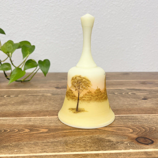 Fenton Custard Uranium Glass Bell Hand Painted Cabin in the Woods Dane Fredrick