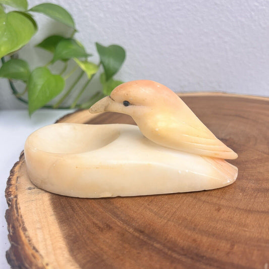 Vintage Soapstone Ivory Smooth Stone Decorative Sculpture Bird on a Bowl