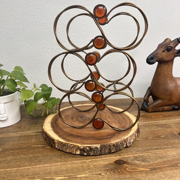 Vintage Boho Metal Scroll 6 Bottle Wine Rack w/ Orange Glass Gems