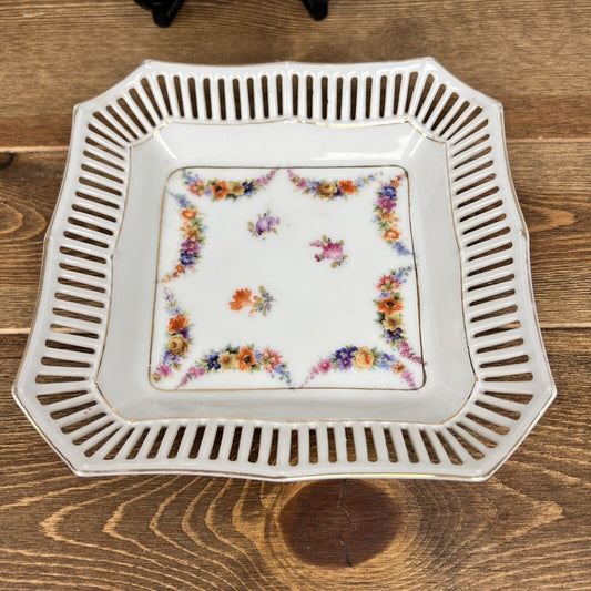 Vintage Flowers Floral Schumann Bavaria Reticulated 7.5" Square Plate Dish Set 2