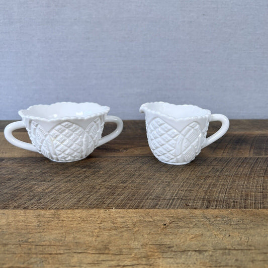 Vintage Pressed White Milk Glass Sugar Bowl & Creamer Sawtooth Rim