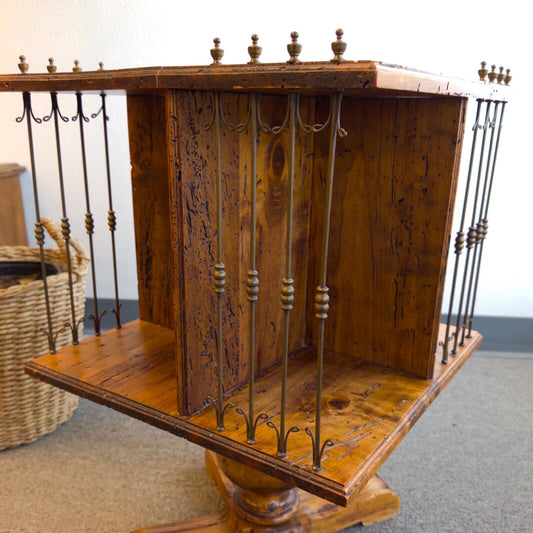 Italian Vintage Rustic Wormwood Spinning Revolving Bookcase with Copper Rods