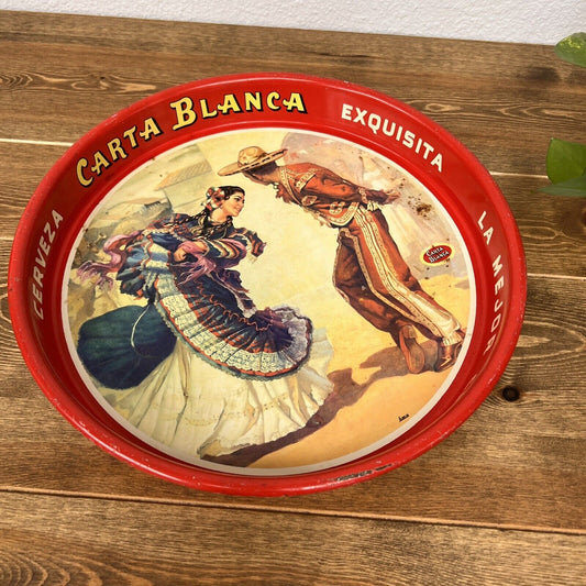 Rare Mexican Vintage Beer Tray Cerveza Carta Blanca Dancing Mexico Metal Tin Red