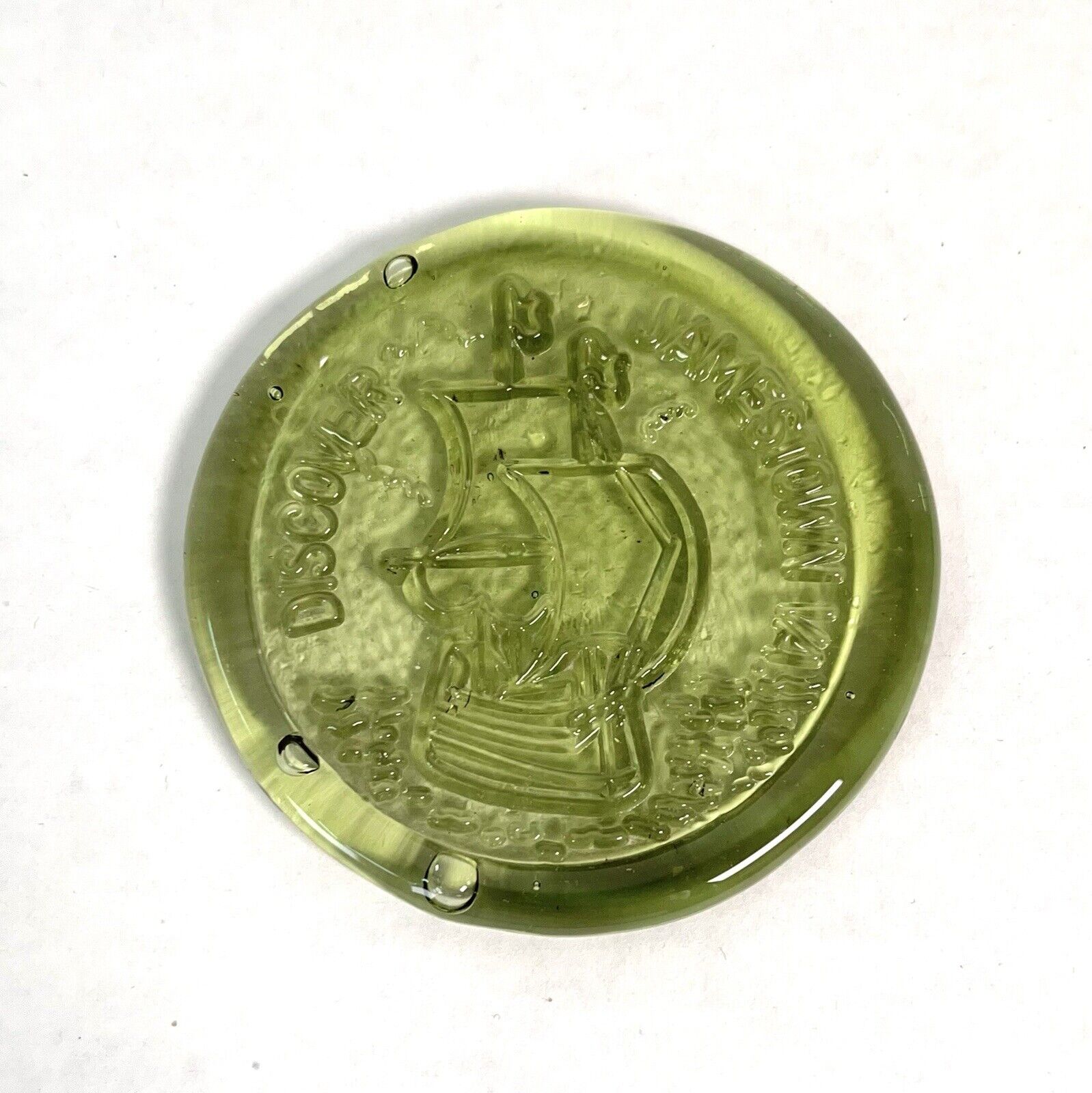 Discover Jamestown Virginia Green Glass Paper Weight