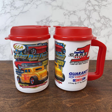 (2) Whirley Travel Mugs Classic Car Hot Rods 2016 Labor Day Cruise OC