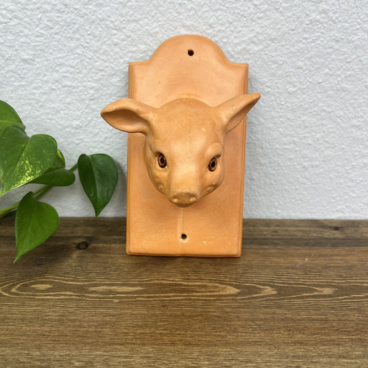 Vintage Terra Cotta Ceramic Pig Head Towel Apron Wall Mount Hook Hanging