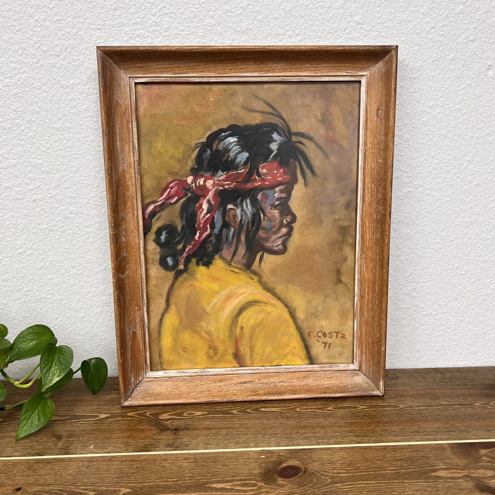 Native American Indian Portrait Tribal Young Boy Signed By E. Costa 1971 Vintage