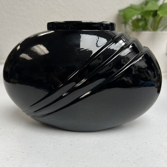 Vintage 1980s Black Art Deco Pleated Hand Blown Glass Oval Vase 6"x4"