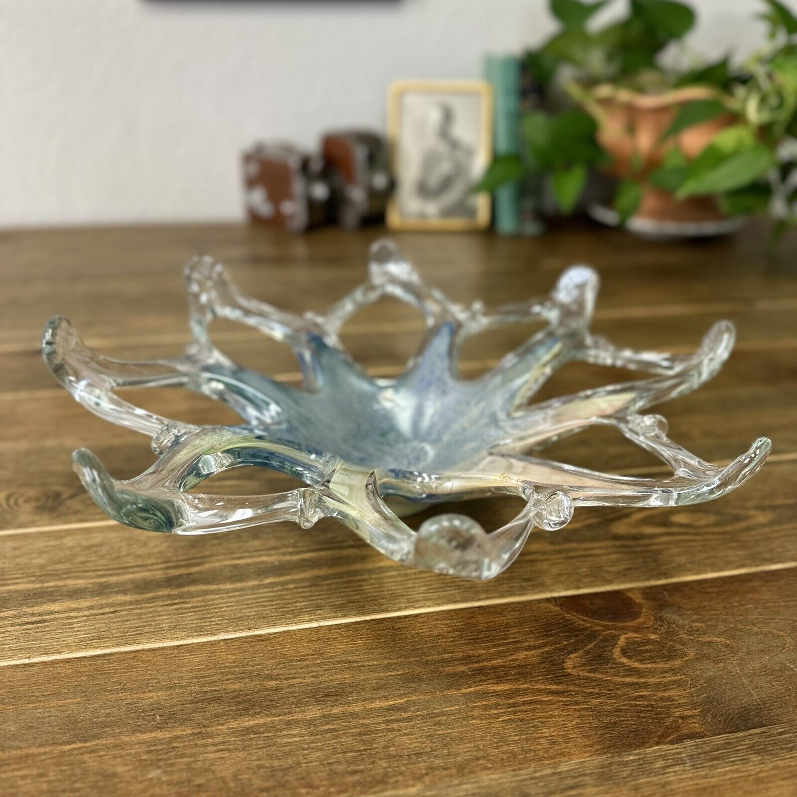 Vintage Italian Murano Lavorazione Basket Art Glass Bowl Centerpiece Blue Clear