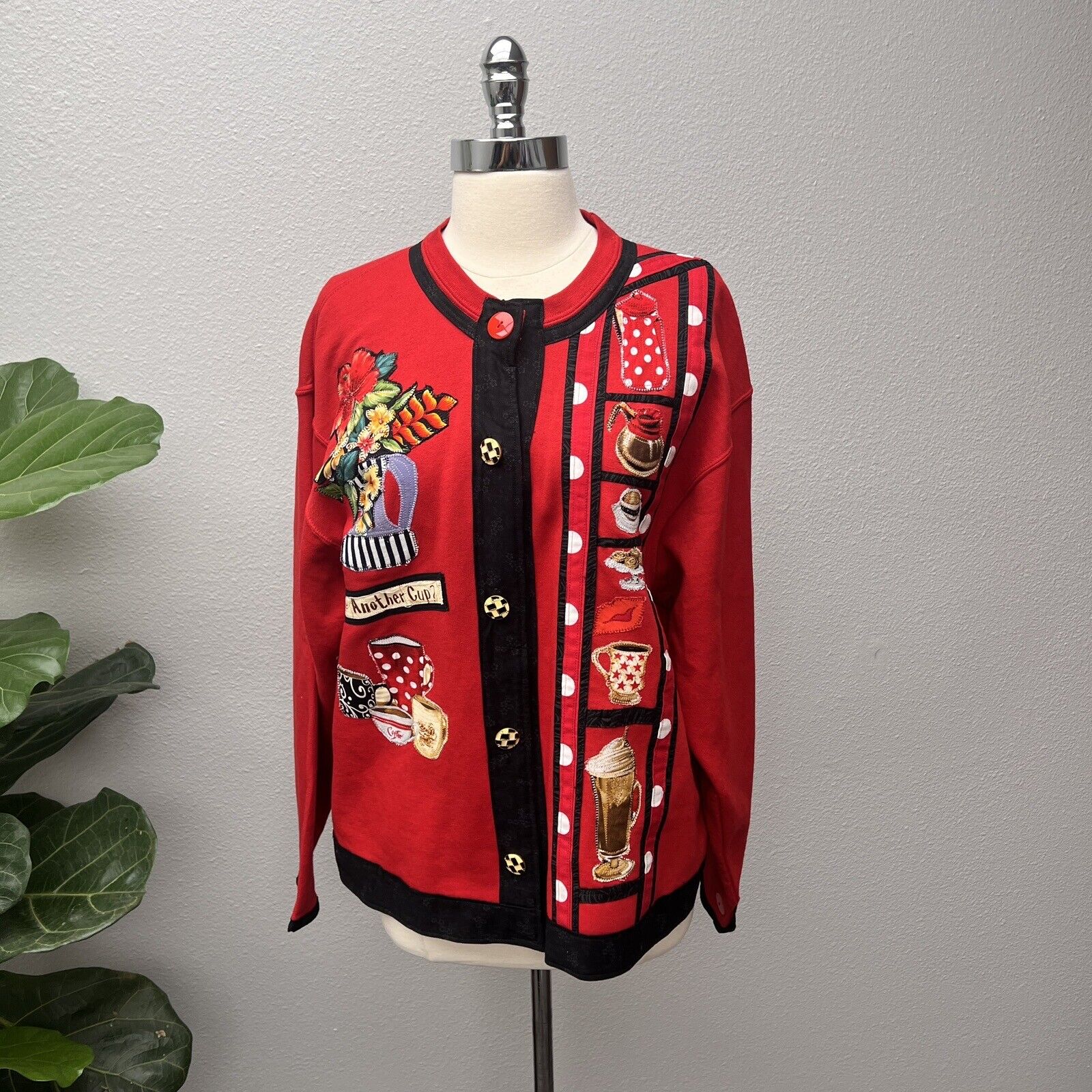 Handmade Quilt Patch Jacket Coat Womens Custom  Red & Black Coffee Theme