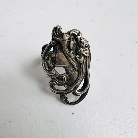 Woman Flowing Hair Flower Lady Ring size 6 Art Nouveau Stamped Sterling Sterling