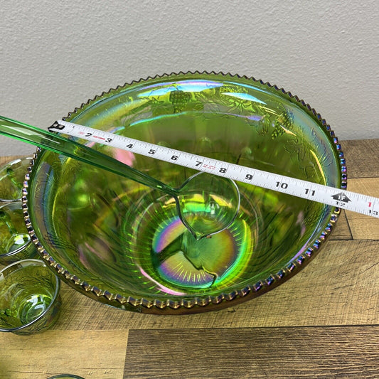 Large Vintage Punch Bow Set in Indiana Green Carnival Glass Iridescent