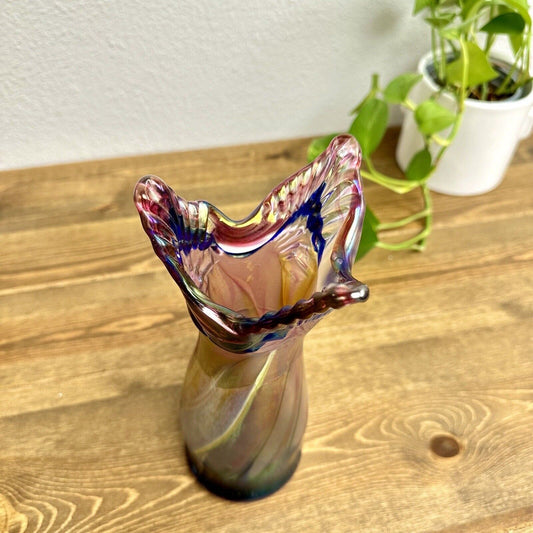 Rare Swung Vase Colorful Hand Blown Art Glass Multicolor Abstract Signed 9"