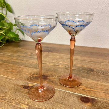 Austrian Art Nouveau Champagne Coupes with Transparent Enamel Flowers Set of 2