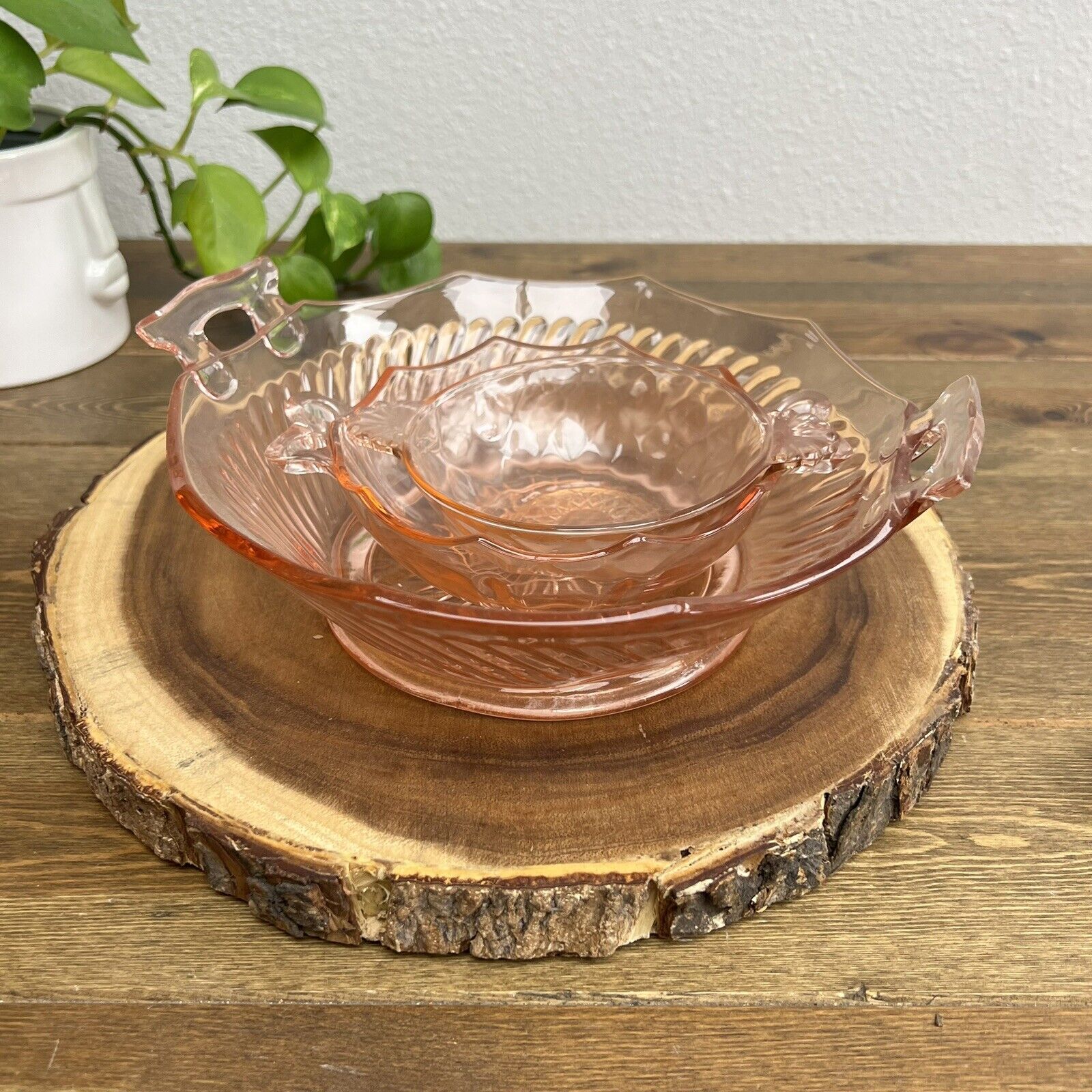 Pink Depression Imperial Glass Twisted Serving Bowls Set Of 3