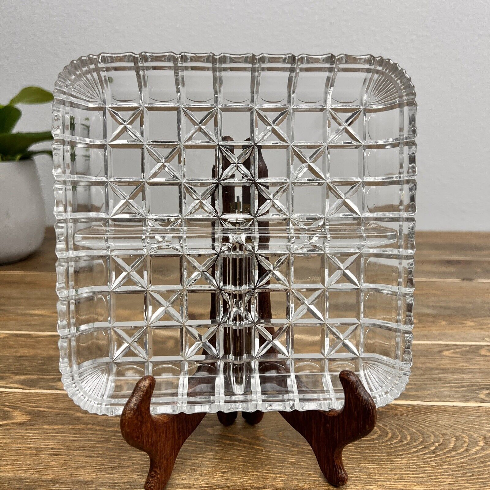 Vintage Glass  Square 3-section Relish Dish 7” Block & Star Pattern