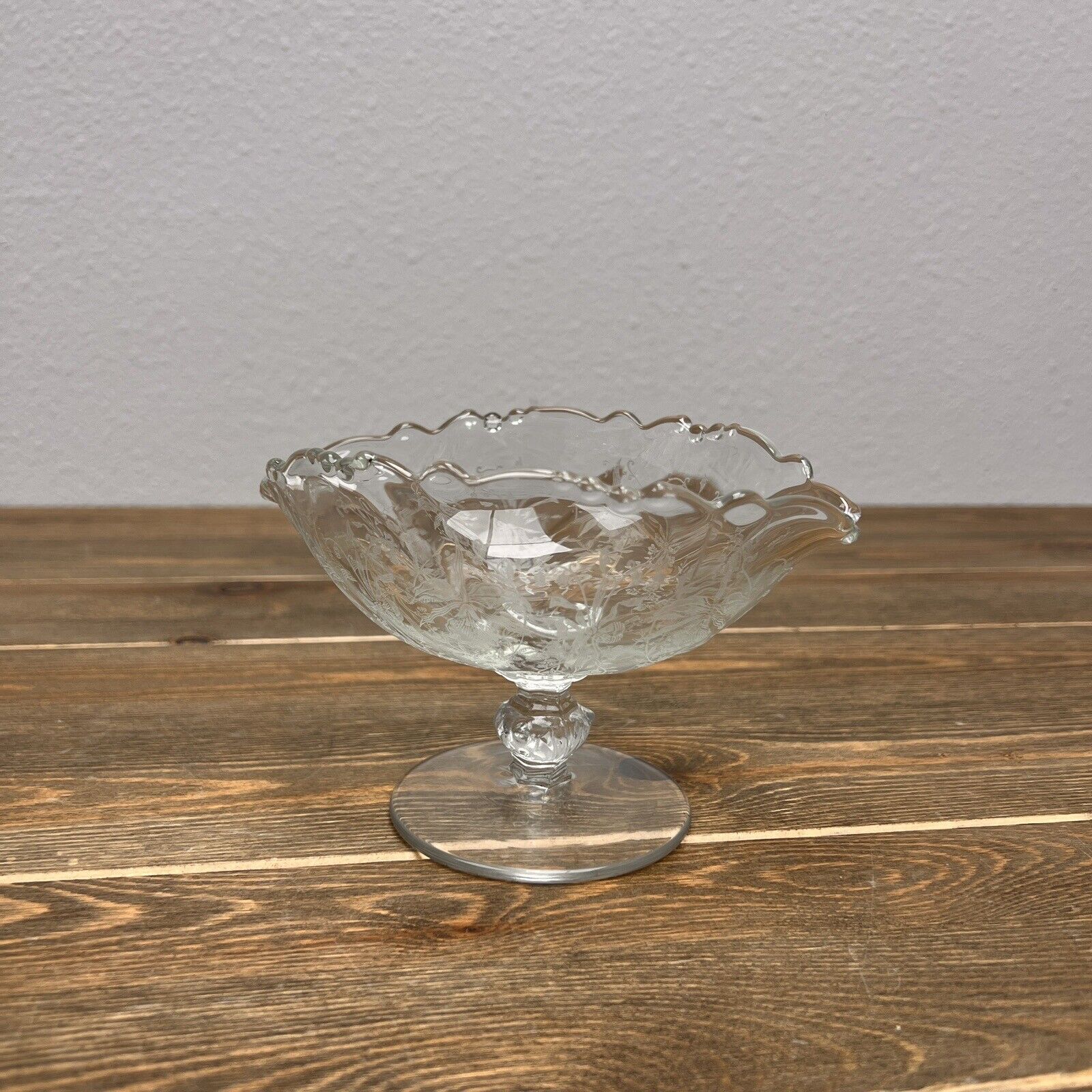 Vintage Orchid by Heisey Footed Compote Crystal Glass Clear Etched Floral Dish