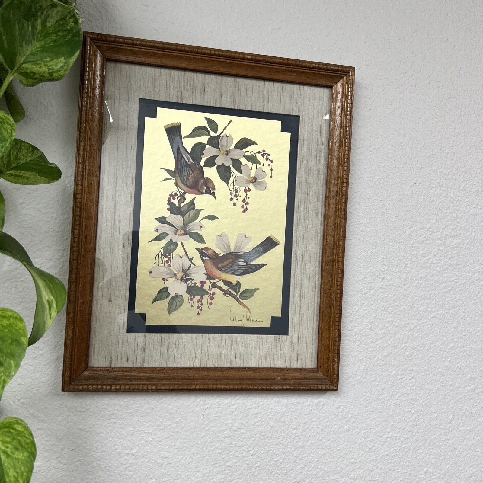 William J Whiteside Gold Foil Birds on Dogwood Framed Vintage Wall Art Print