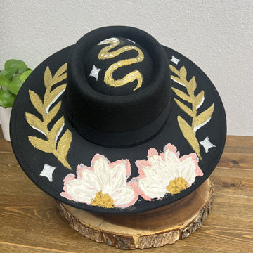 Custom Acrylic Hand-Painted Flowers Wide Brim Women’s Sun Ranch Hat Felt Black