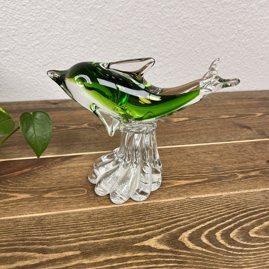 Murano Art Glass Dolphin Figurine with Green and Yellow Tones