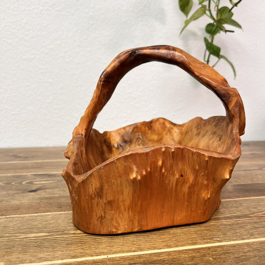 Burl Wood Basket Bowl Hand Carved Turned Tree Trunk Root Folk Boho Unique Sign