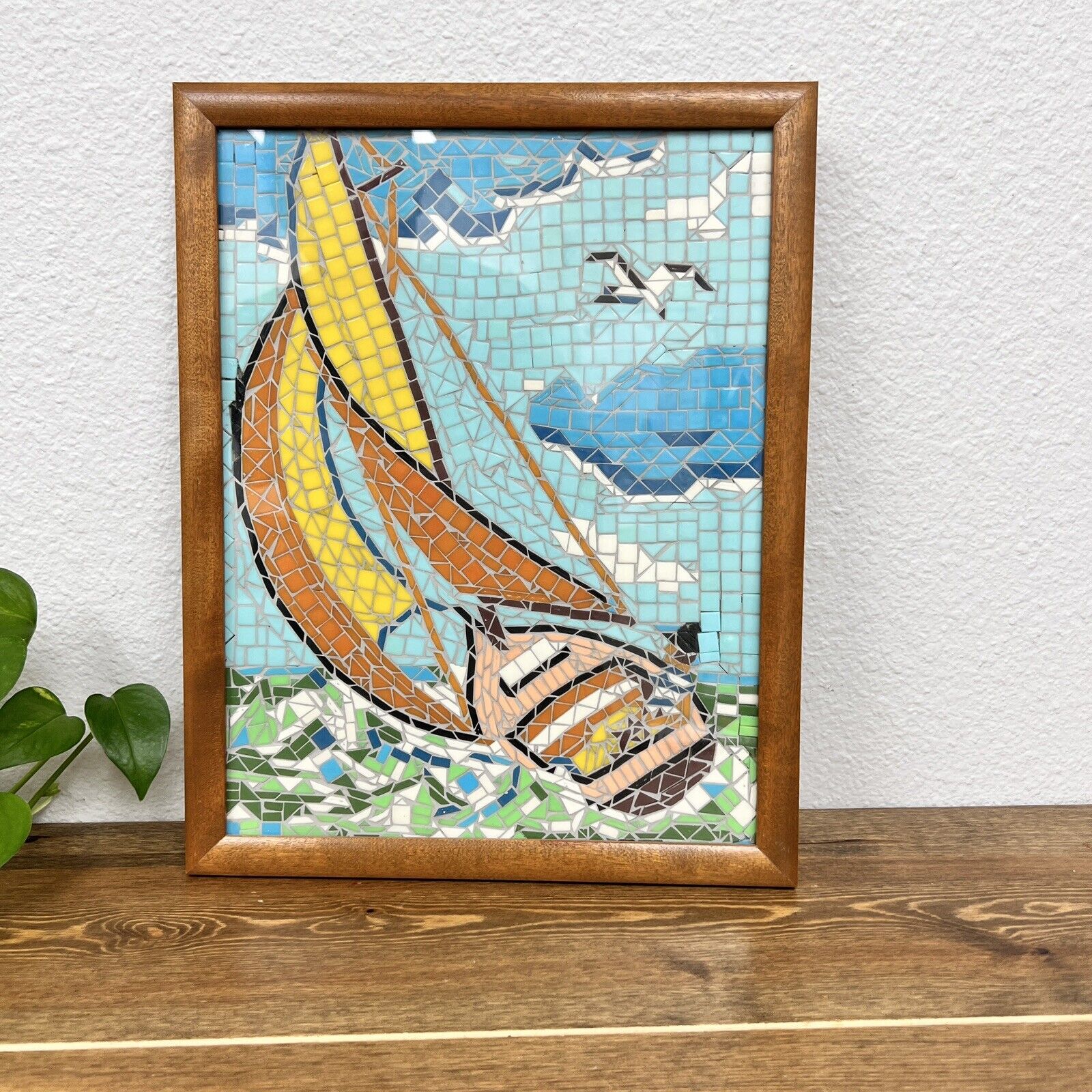 Sail Boat Vintage 1960’s Mosaic Tile Wall Art Framed Boat In Ocean Decor 11"x14"