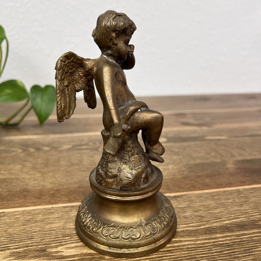 Vintage Angel On Pedestal Rubbing Eyes, Brass Paperweight Home decor