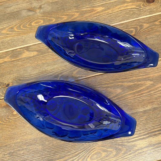 Cobalt Blue France Glass Banana Split Boat Set of 2 Vintage with Fruit Pattern