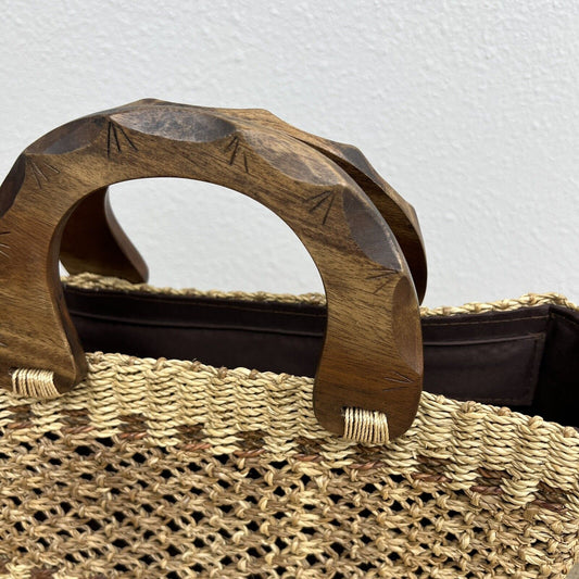 Raffia Straw Purse Handbag With Wooden Handles