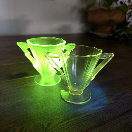 2 Vintage Sugar Cambridge Decagon Lightning Bolt Green & Clear Uranium Glass