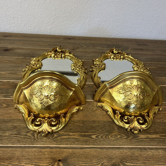 Vintage 1970s Dart Syroco Gold Ornate Wall Mirror & Shelf 2327 Set Of 2