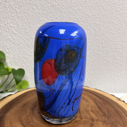 Paul Allen Counts Vintage Hand Blown Art Glass Vase Blue & Red SIGNED 1984