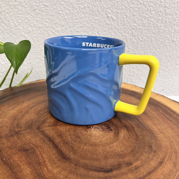 Starbucks Summer 2021 Blue Zebra Ceramic Coffee Cup Mug Yellow Handle 12oz EUC