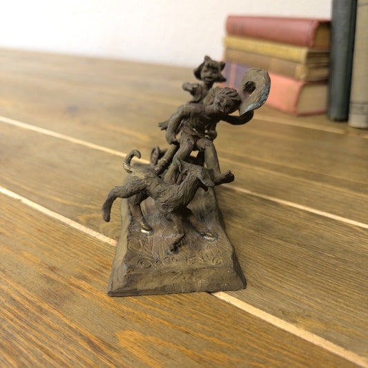 Vintage 1970 Artist Signed Evin Bronze Statue Kids Playing on Tricycle Sculpture