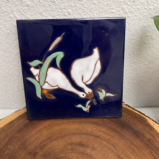 Vintage Elaine Cain Tiles 6"x6" Geese Lot Of 2  White & Blue Signed