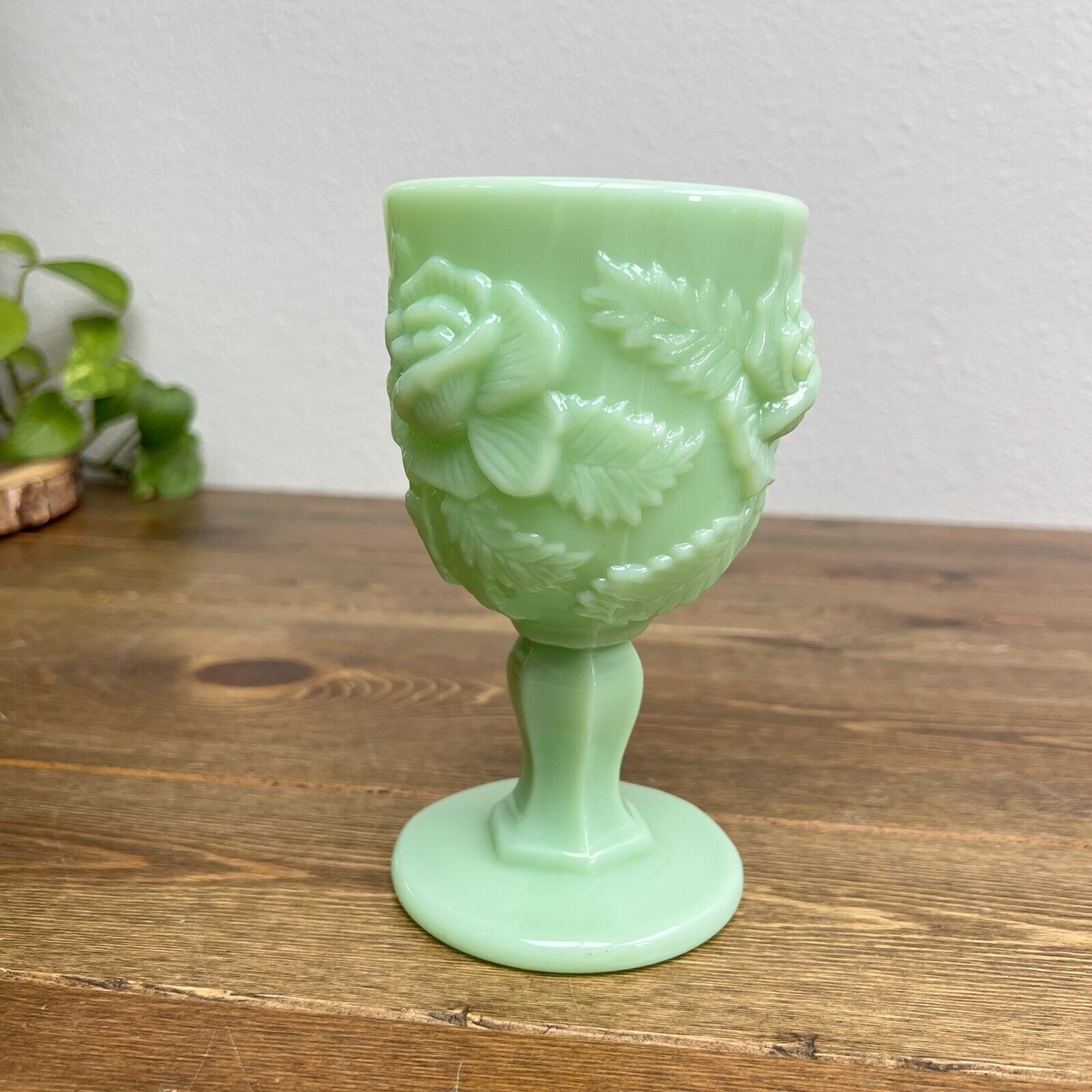 Jadeite Jadite Madonna Inn Wild Rose Glass Goblet 6.5" Tall, 3.5" Diameter