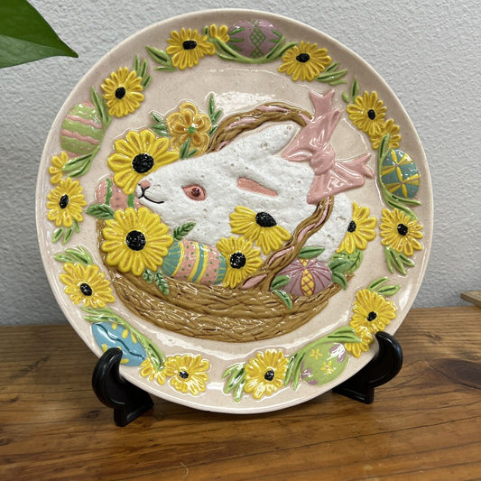 Vintage Rabbit & Flowers 3D Serving Plate Beautiful Easter Signed By Karen 1978