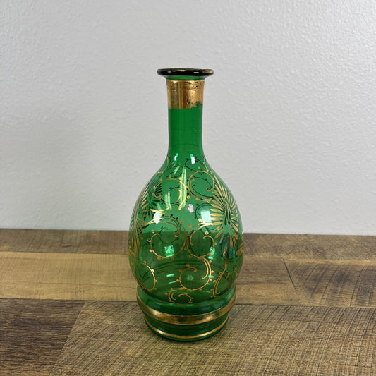 Vintage Cristallerie Emerald Green & Gold Decanter  Bottle Floral