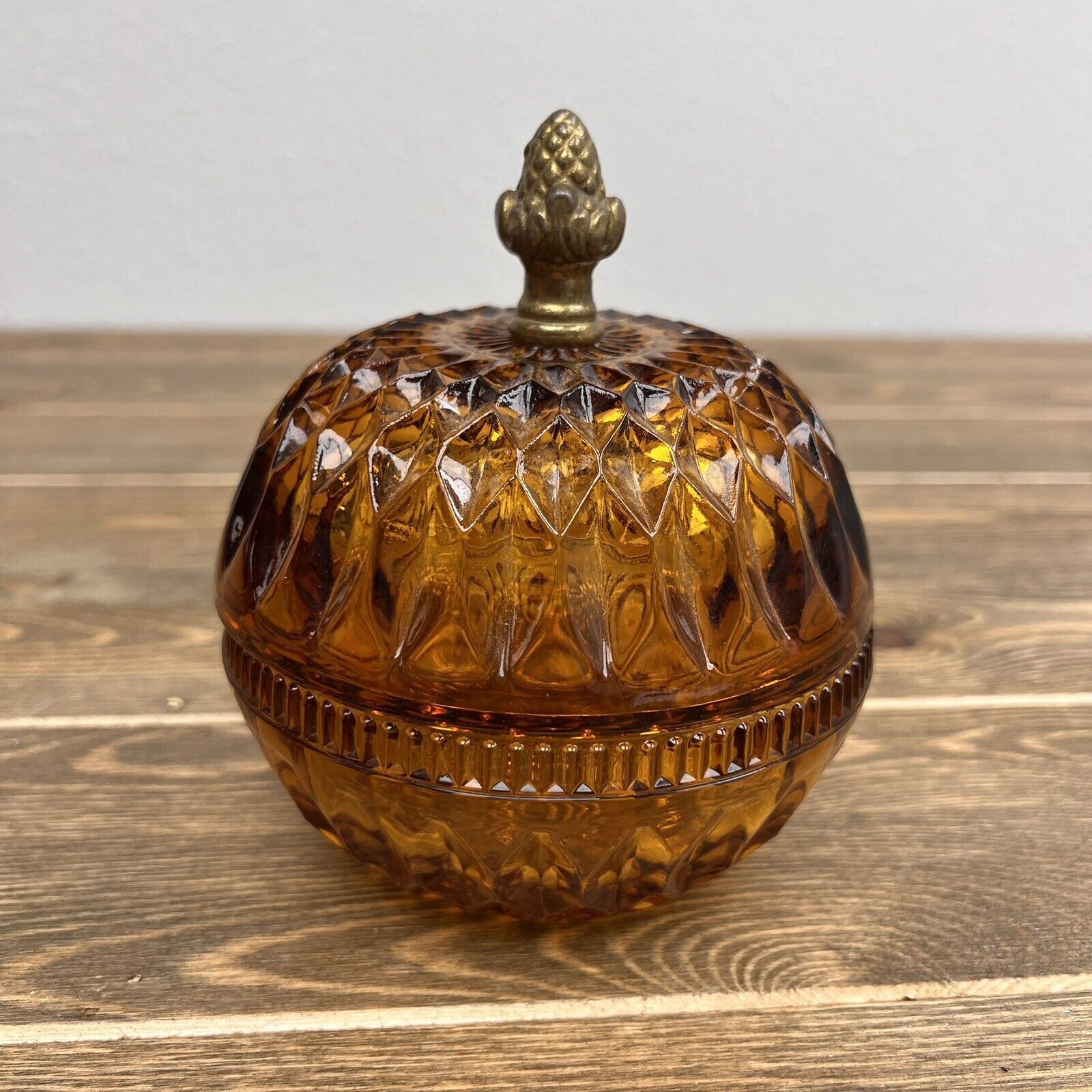 Beautiful Amber Glass Candy Dish 5" Diameter Acorn Style Brass Knob