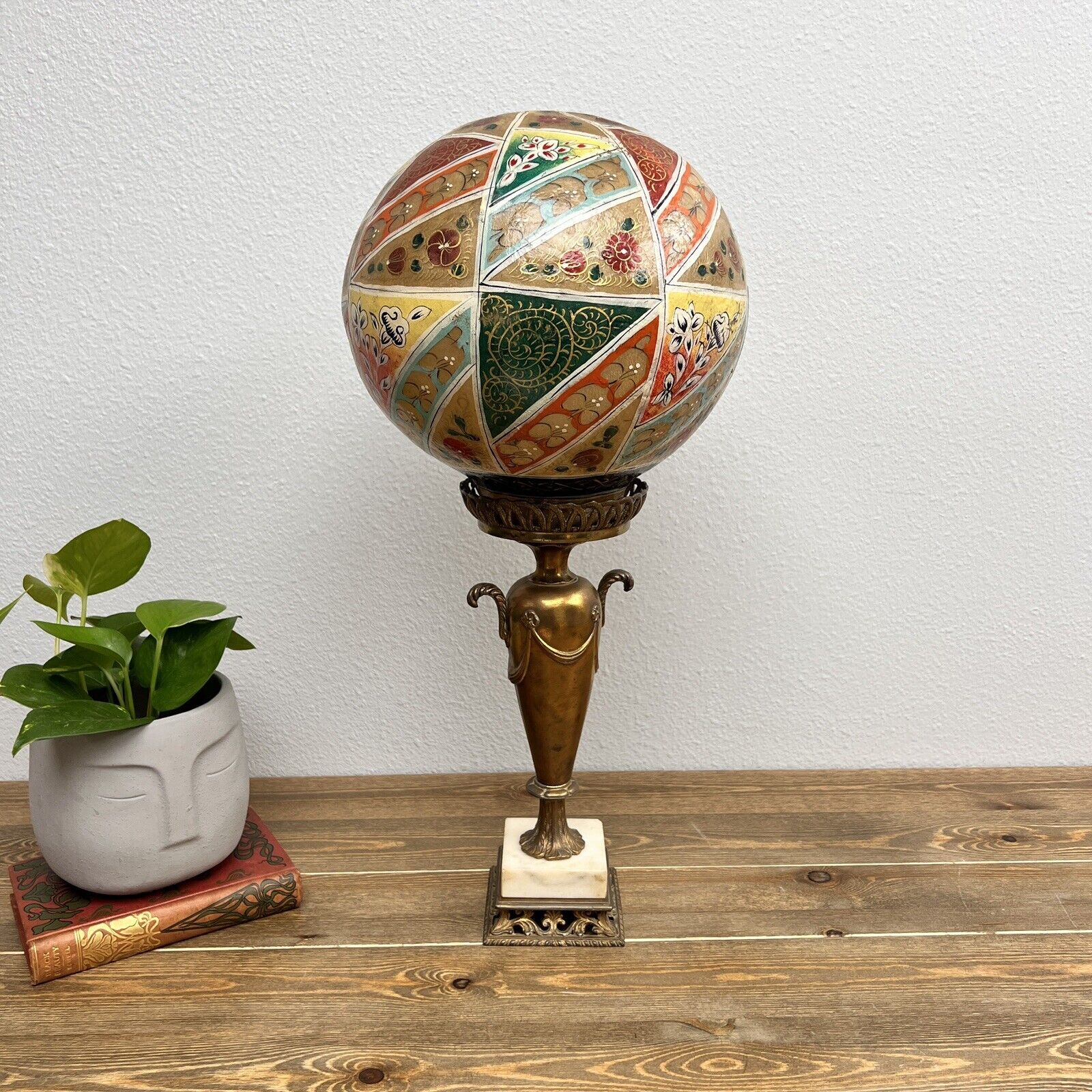 Hand Painted Camel Bladder Globe Wood Base  & Pedestal Decor