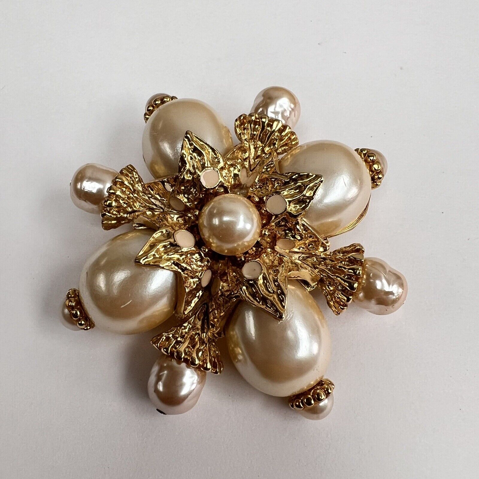 St. John Designer Brooch Maltese Cross Signed Gold Tone Faux Pearl Cabachon Pin