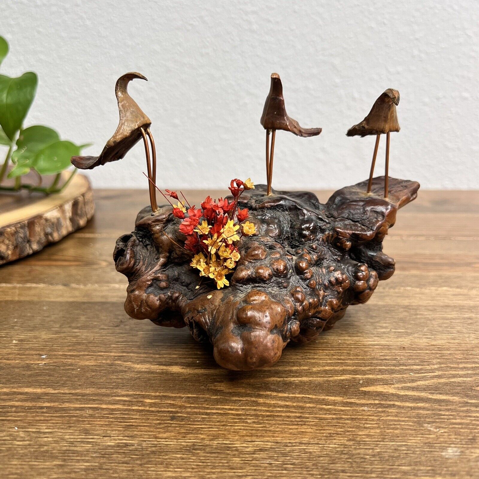 Vintage Driftwood Copper Bird Sculpture Unsigned Dried Flowers